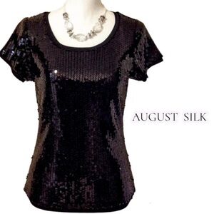 AUGUST SILK Sequined Short Sleeve Scoop Neck Top NWT Size Petite Small